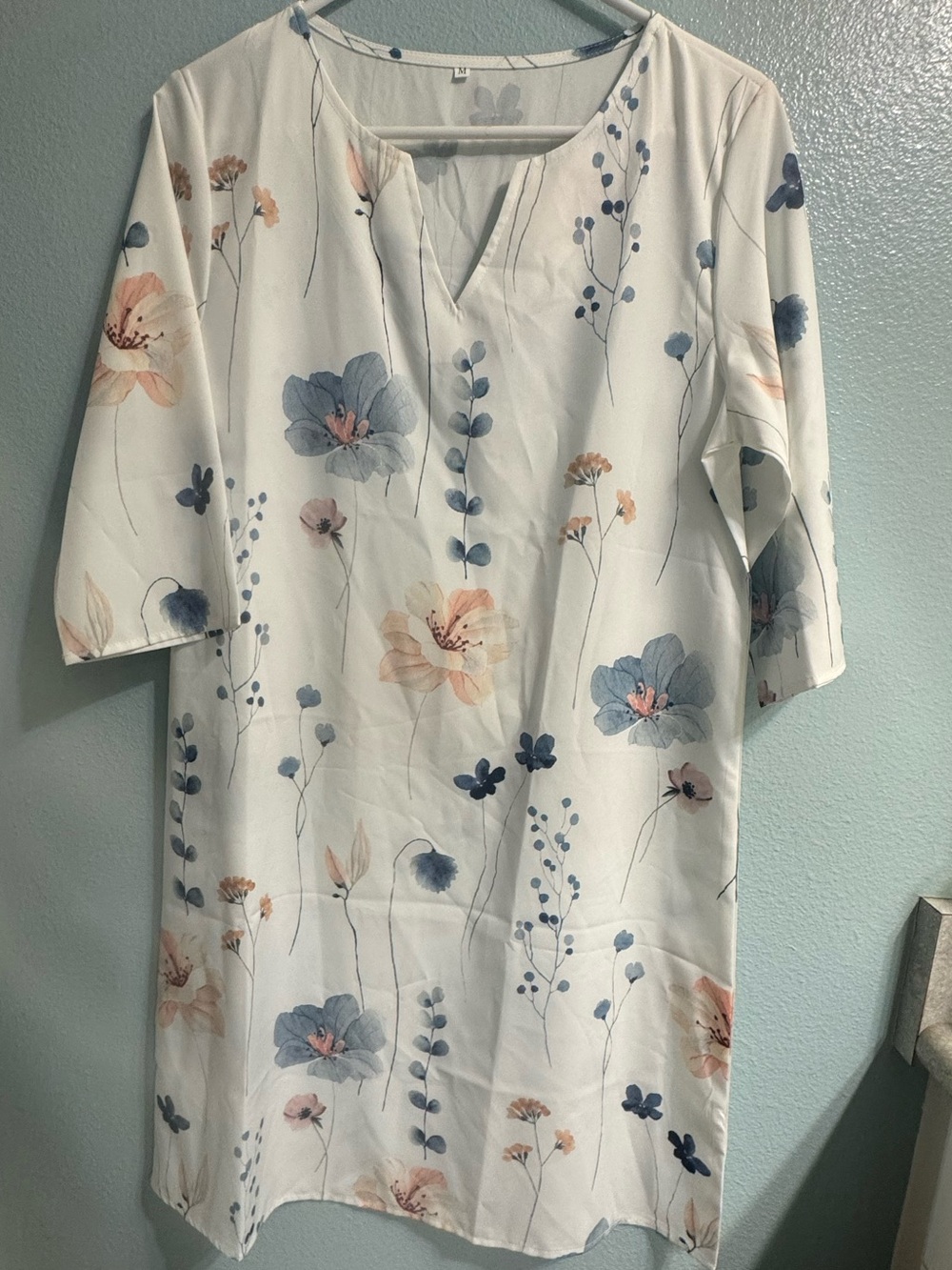 SHEIN White Floral Short Sleeve Tunic with Blue and Peach Blooms